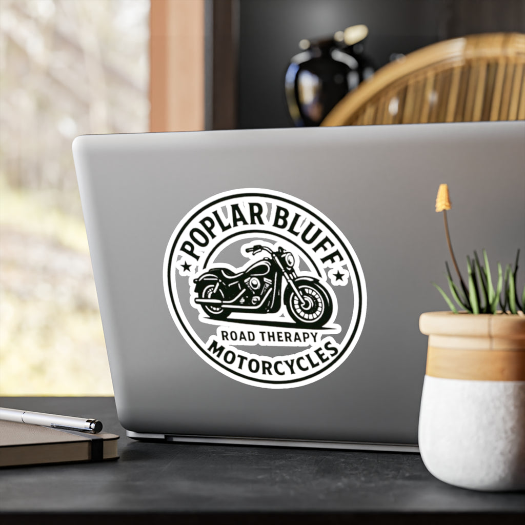 Motorcycle Vinyl Decal — "Poplar Bluff Motorcycles: Road Therapy" Kiss-Cut Sticker