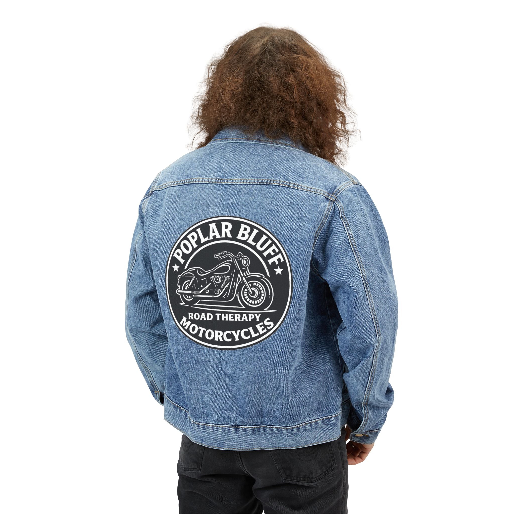 Denim Jacket — Poplar Bluff Motorcycles Vintage Biker Logo Back